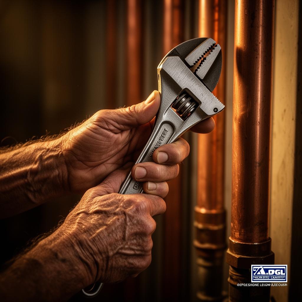Plumber's hands gripping a pipe wrench against copper pipes