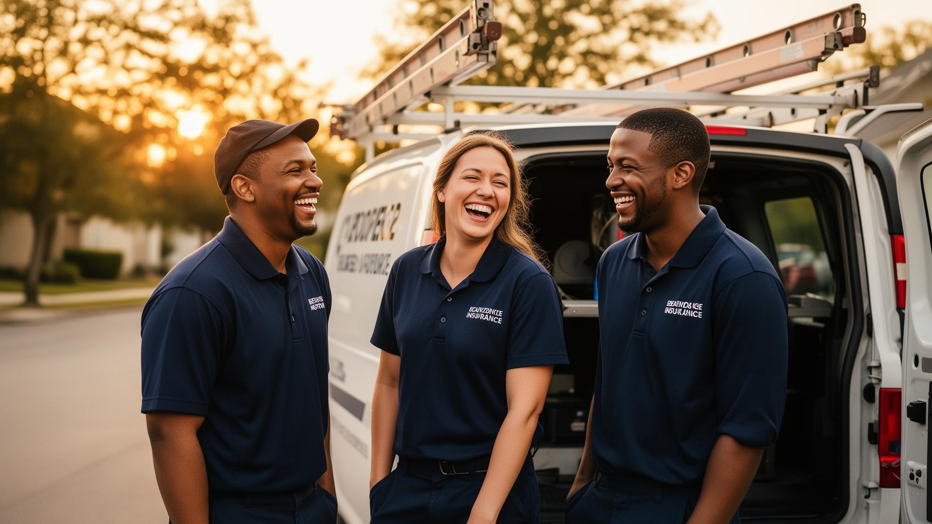 Plumbing crew laughing together by their service van